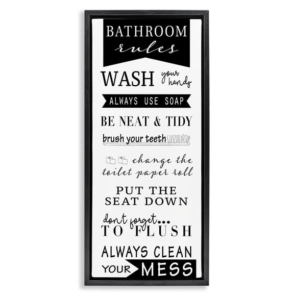 Stupell Industries Black Bathroom Rules Typography Painting Black Floater Framed Canvas Art Print Wall Art, 15 x 31