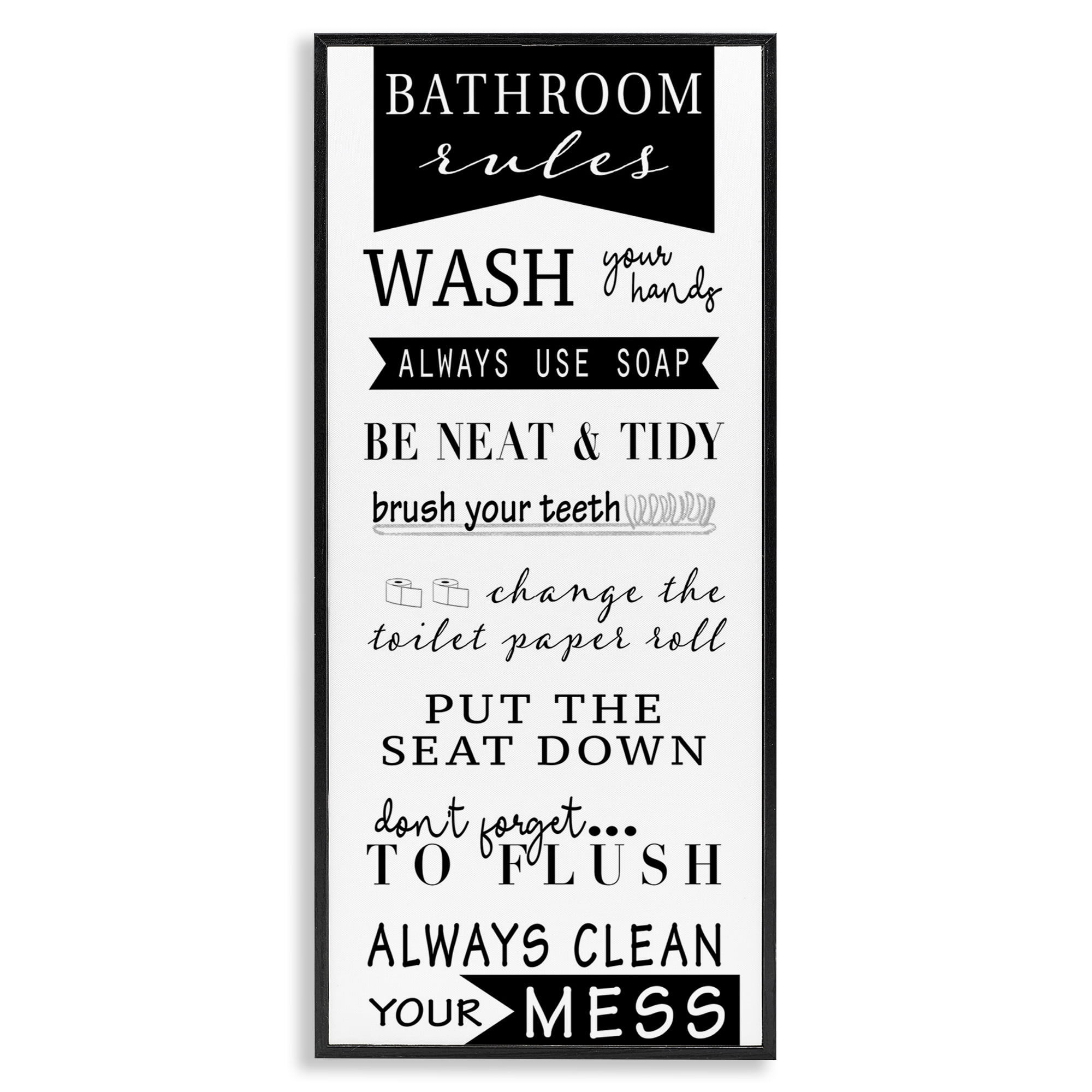 Stupell Industries Black Bathroom Rules Typography Painting Black Framed Art Print Wall Art, 13 x 30