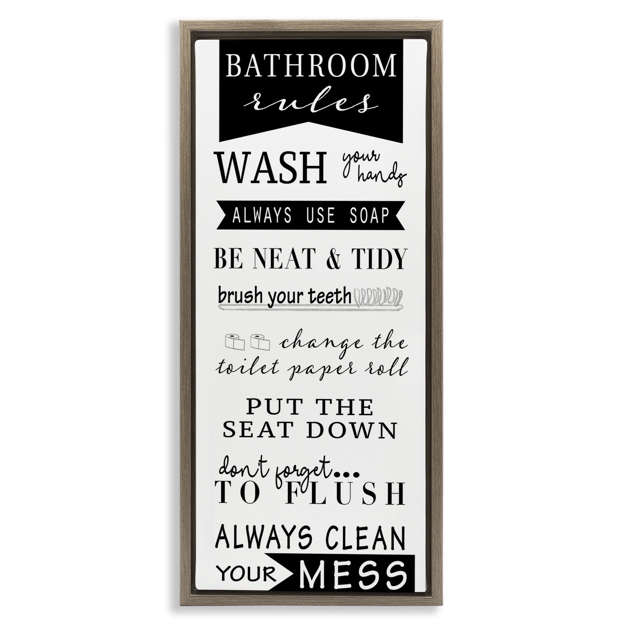 Stupell Industries Black Bathroom Rules Typography Painting Brown Floater Framed Canvas Art Print Wall Art, 15 x 31