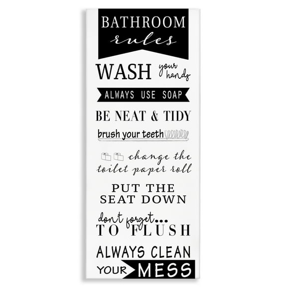 Stupell Industries Black Bathroom Rules Typography Painting Gallery Wrapped Canvas Art Print Wall Art, 13 x 30
