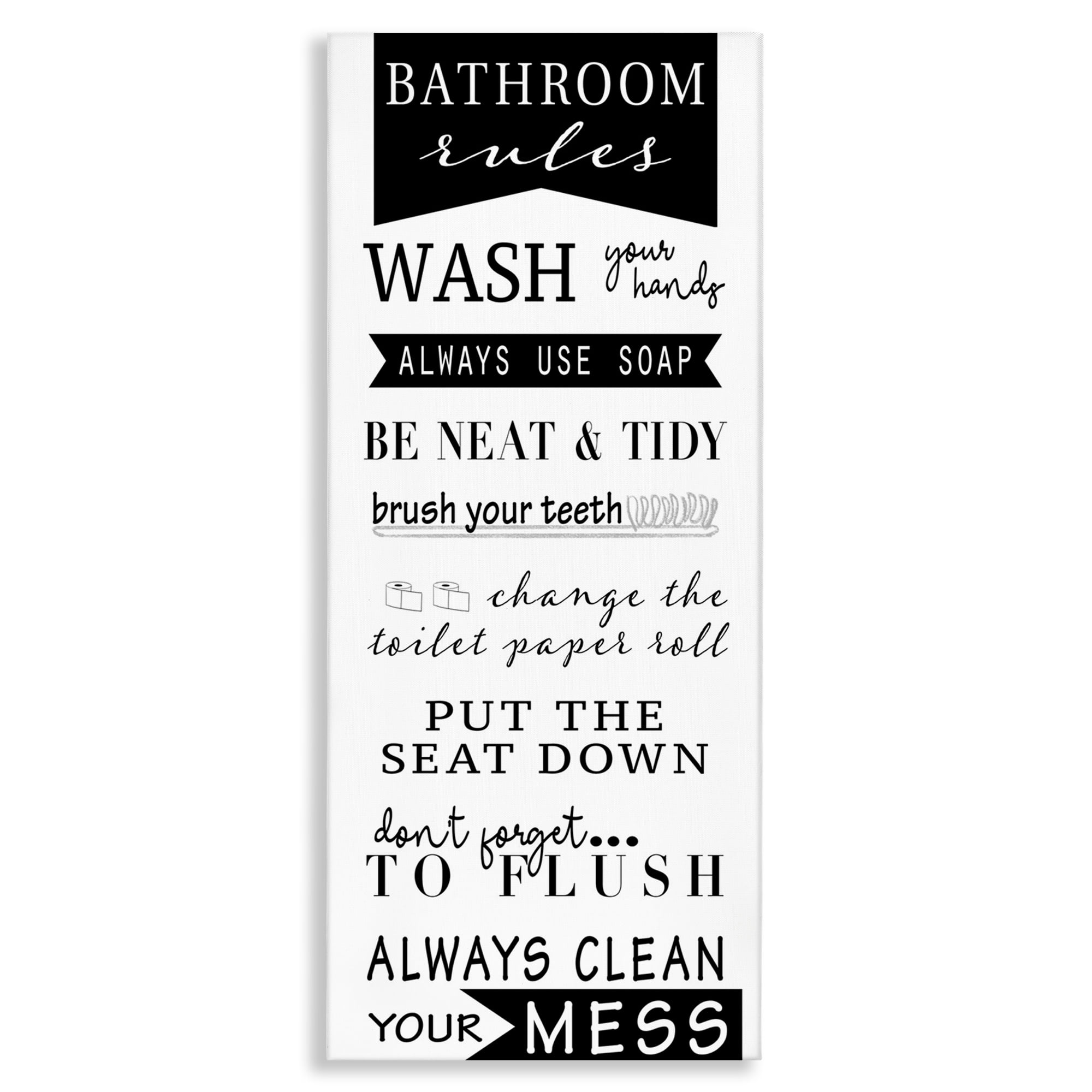 Stupell Industries Black Bathroom Rules Typography Painting Gallery Wrapped Canvas Art Print Wall Art, 17 x 40