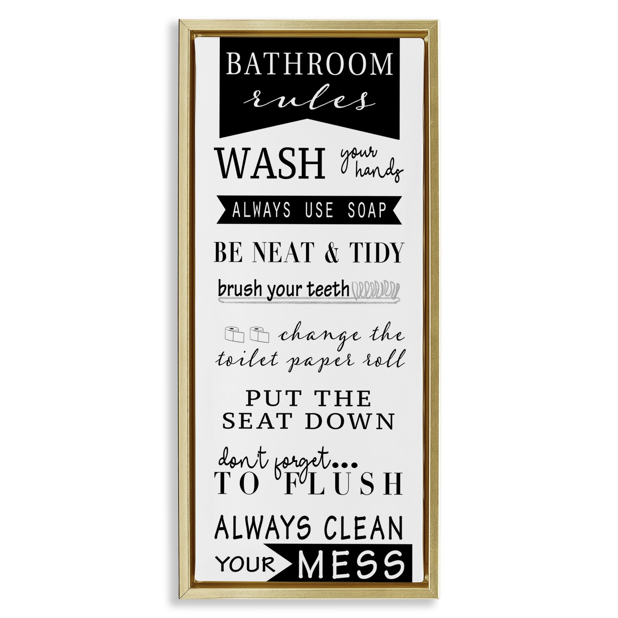 Stupell Industries Black Bathroom Rules Typography Painting Gold Floater Framed Canvas Art Print Wall Art, 11 x 25