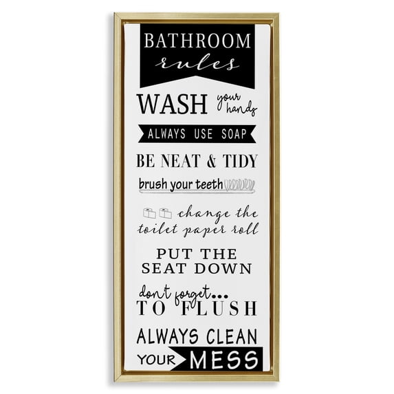 Stupell Industries Black Bathroom Rules Typography Painting Gold Floater Framed Canvas Art Print Wall Art, 11 x 25