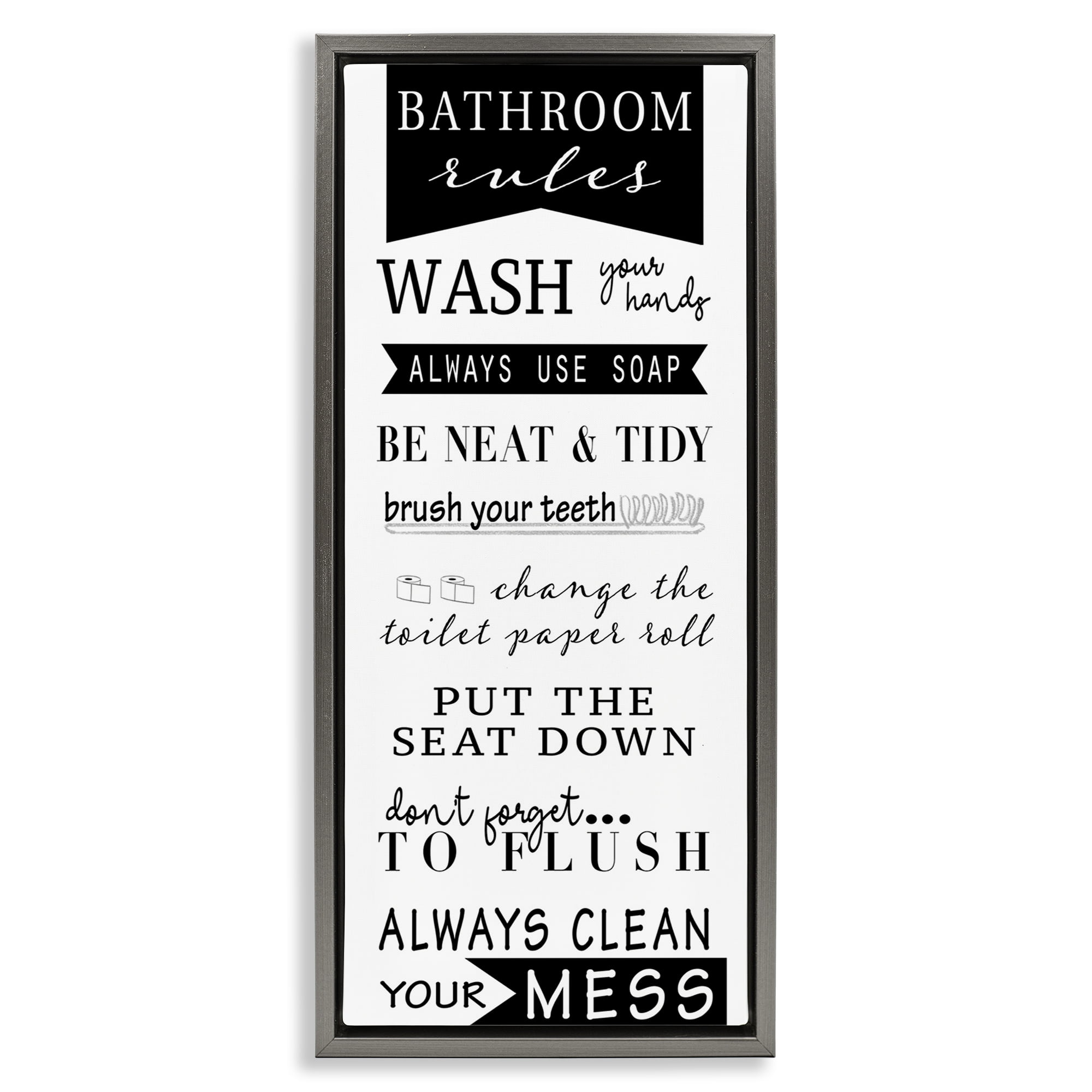 Stupell Industries Black Bathroom Rules Typography Painting Gray Floater Framed Canvas Art Print Wall Art, 11 x 25