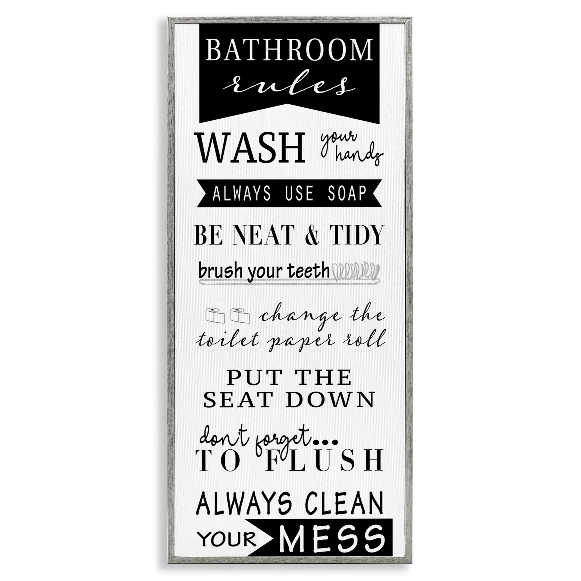 Stupell Industries Black Bathroom Rules Typography Painting Gray Framed Art Print Wall Art, 10 x 24