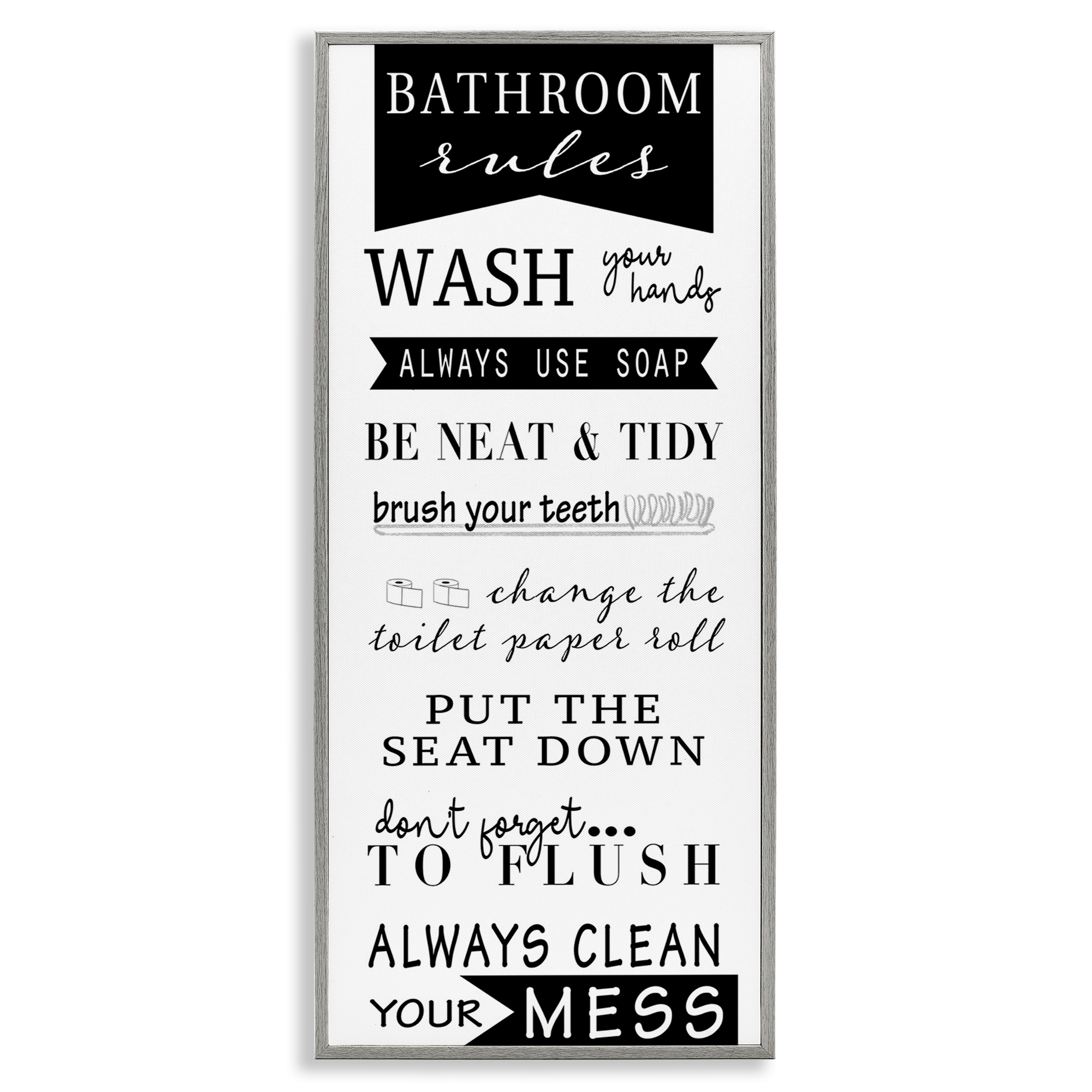 Stupell Industries Black Bathroom Rules Typography Painting Gray Framed Art Print Wall Art, 13 x 30