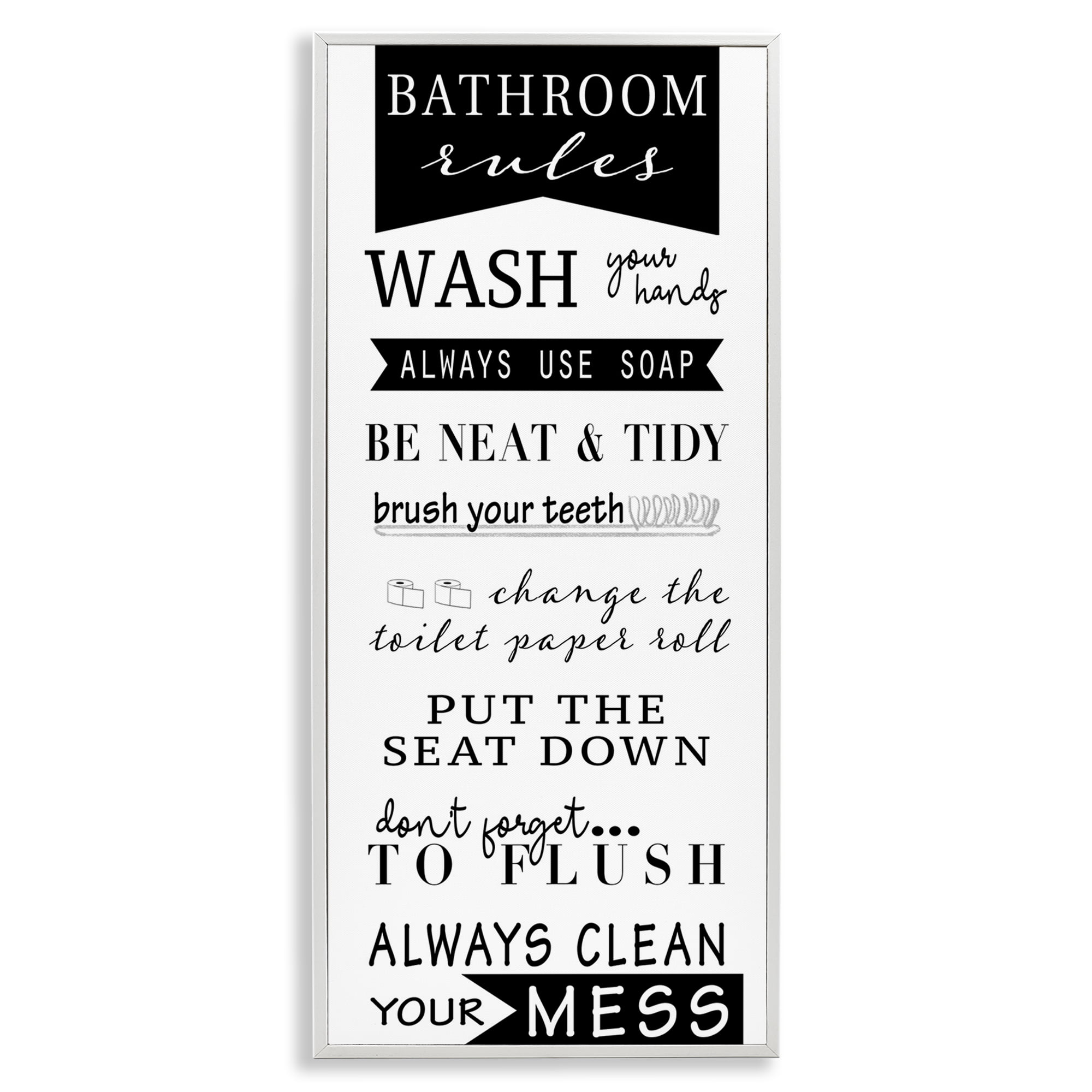 Stupell Industries Black Bathroom Rules Typography Painting White Framed Art Print Wall Art, 10 x 24