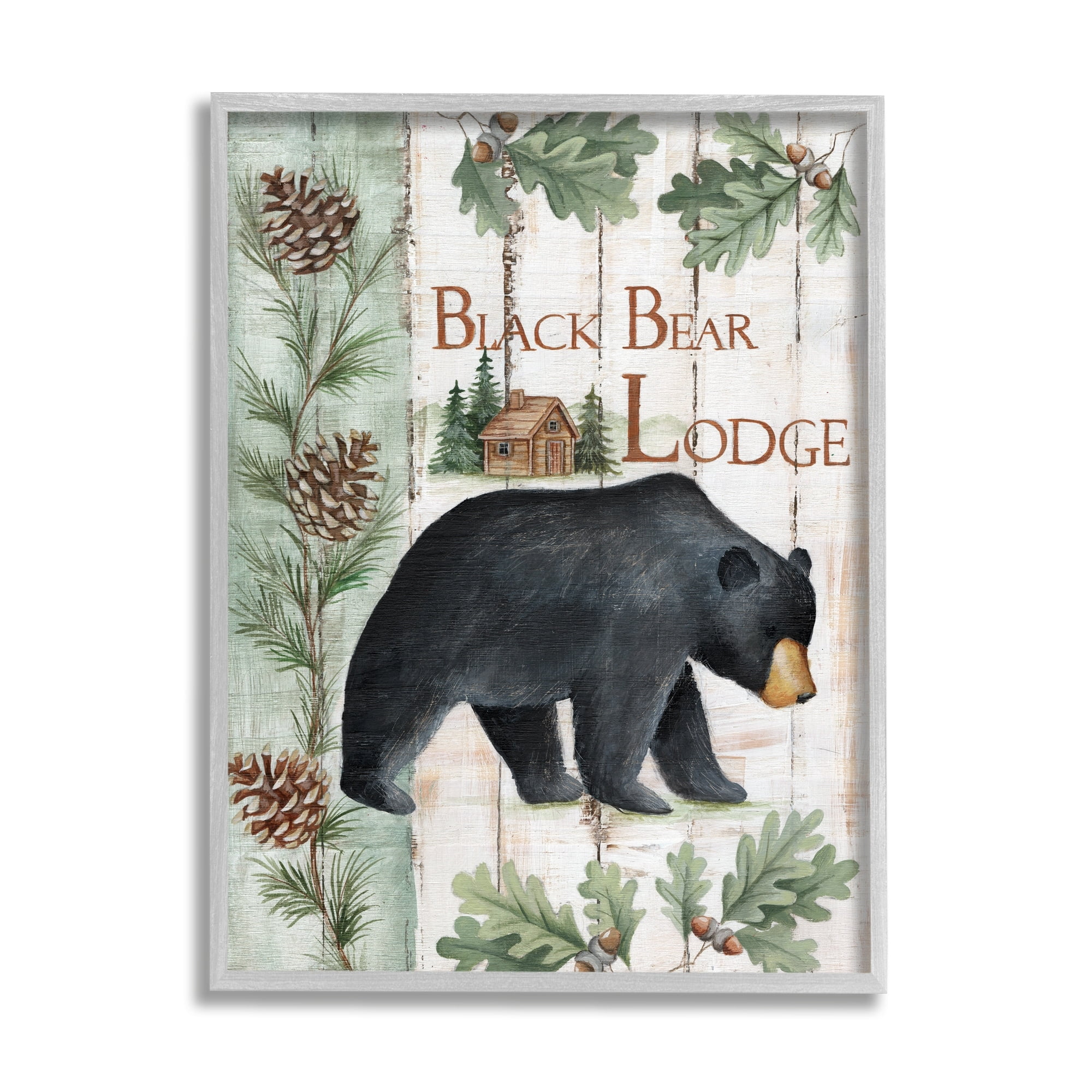 Stupell Industries Black Bear Lodge Rustic Cabin Botanicals Sign Graphic Art Gray Framed Art Print Wall Art, Design by Emma Leach