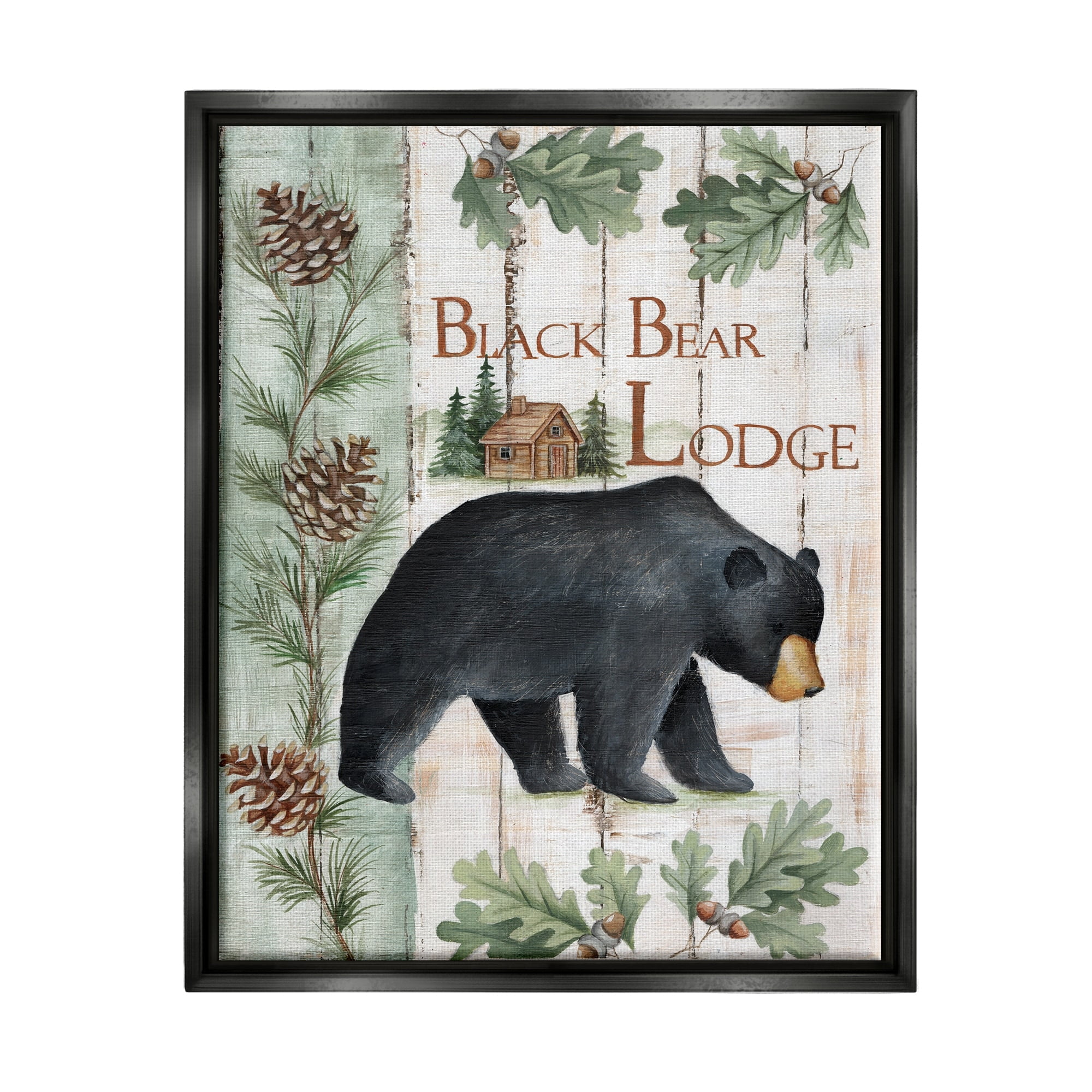 Stupell Industries Black Bear Lodge Rustic Cabin Botanicals Sign Graphic Art Jet Black Floating Framed Canvas Print Wall Art, Design by Emma Leach