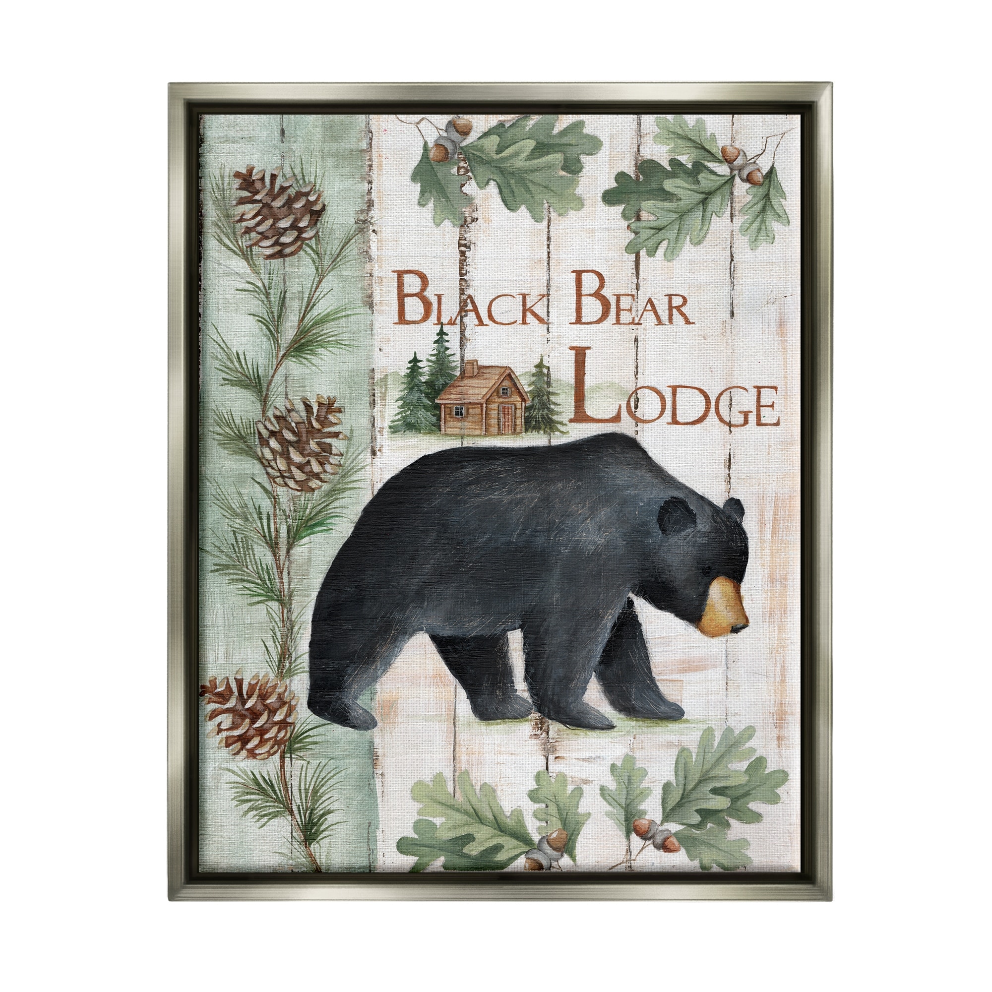 Stupell Industries Black Bear Lodge Rustic Cabin Botanicals Sign Graphic Art Luster Gray Floating Framed Canvas Print Wall Art, Design by Emma Leach