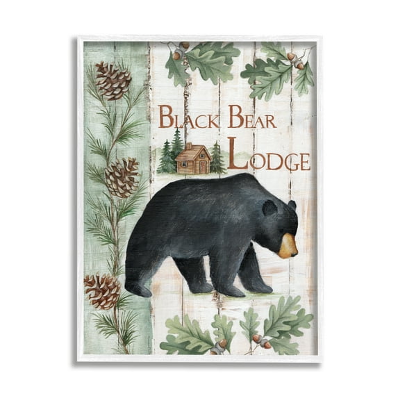 Stupell Industries Black Bear Lodge Rustic Cabin Botanicals Sign Graphic Art White Framed Art Print Wall Art, Design by Emma Leach