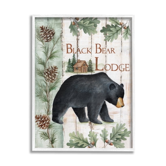 Stupell Industries Black Bear Lodge Rustic Cabin Botanicals Sign Graphic Art White Framed Art Print Wall Art, Design by Emma Leach