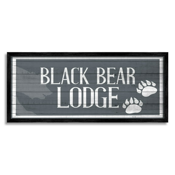 Stupell Industries Black Bear Lodge Sign Rustic Animal Footprints Religious Painting Black Framed Art Print Wall Art, 13 x 30