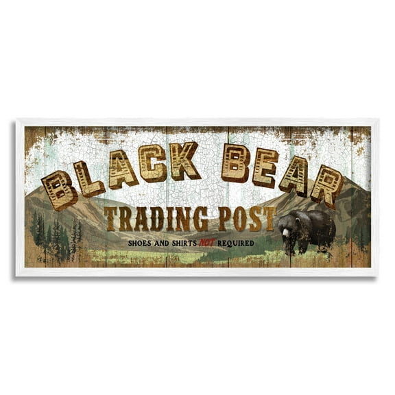 Stupell Industries Black Bear Trading Post Rustic Forest Animal Typography Painting White Framed Art Print Wall Art, 13 x 30