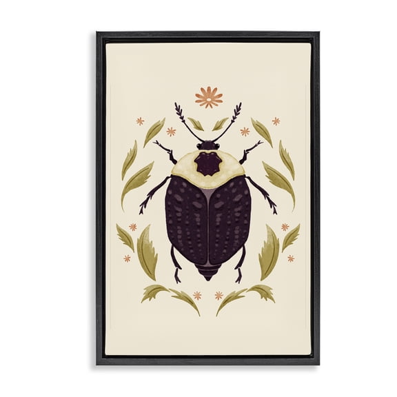 Stupell Industries Black Beetle with Leaves Animals Painting Black Floater Framed Canvas Art Print Wall Art, 21 x 31