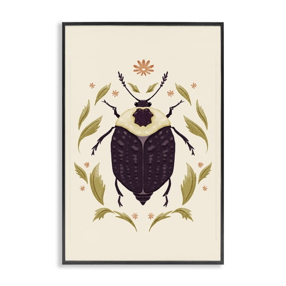Stupell Industries Black Beetle with Leaves Animals Painting Black Framed Art Print Wall Art, 20 x 30