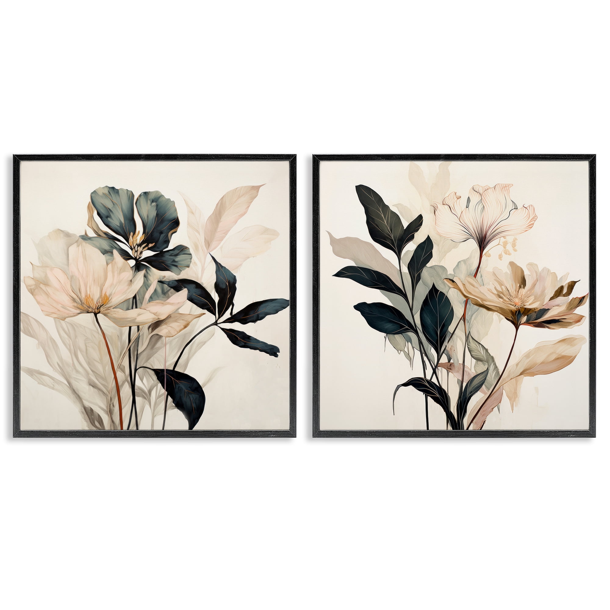 Stupell Industries Black & Beige Botanicals Plants & Flowers Painting Black Framed Art Print Wall Art, 24 x 24, Set of 2