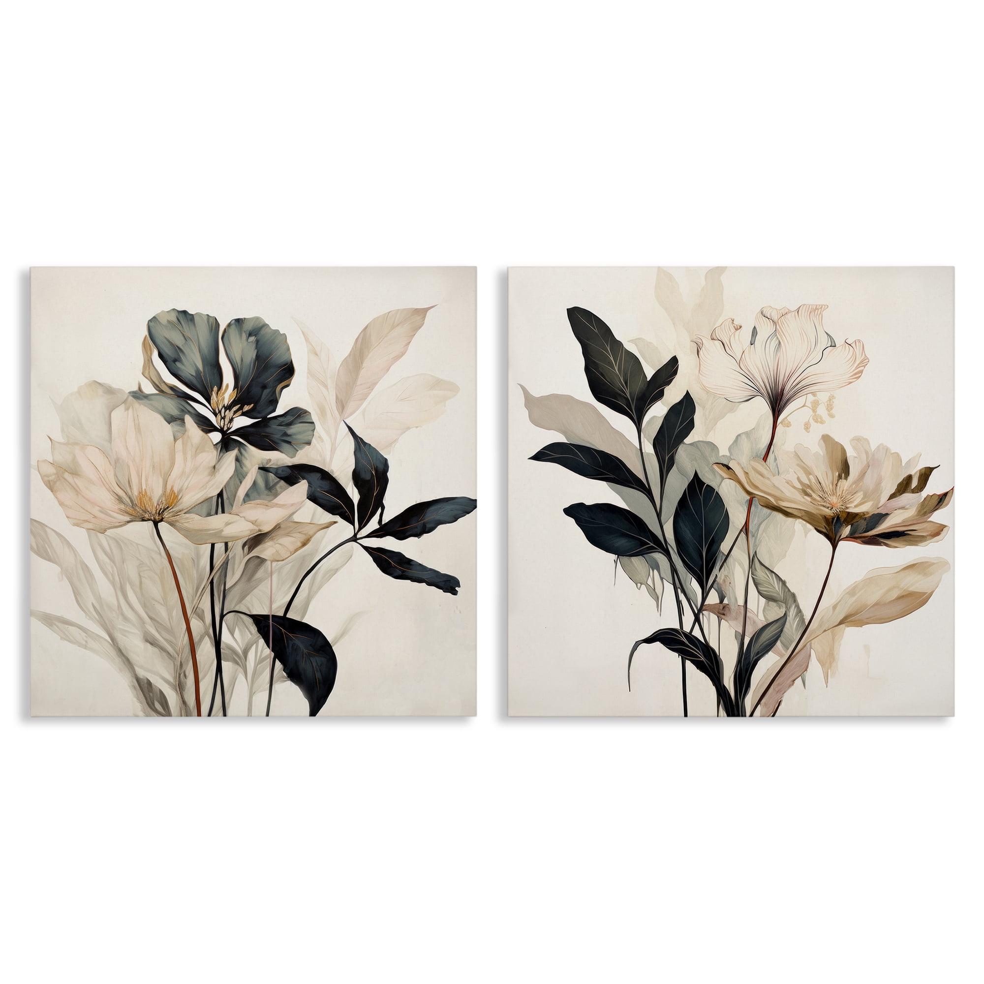 Stupell Industries Black & Beige Botanicals Plants & Flowers Painting Wrapped Canvas Art Print Wall Art, 17 x 17, Set of 2