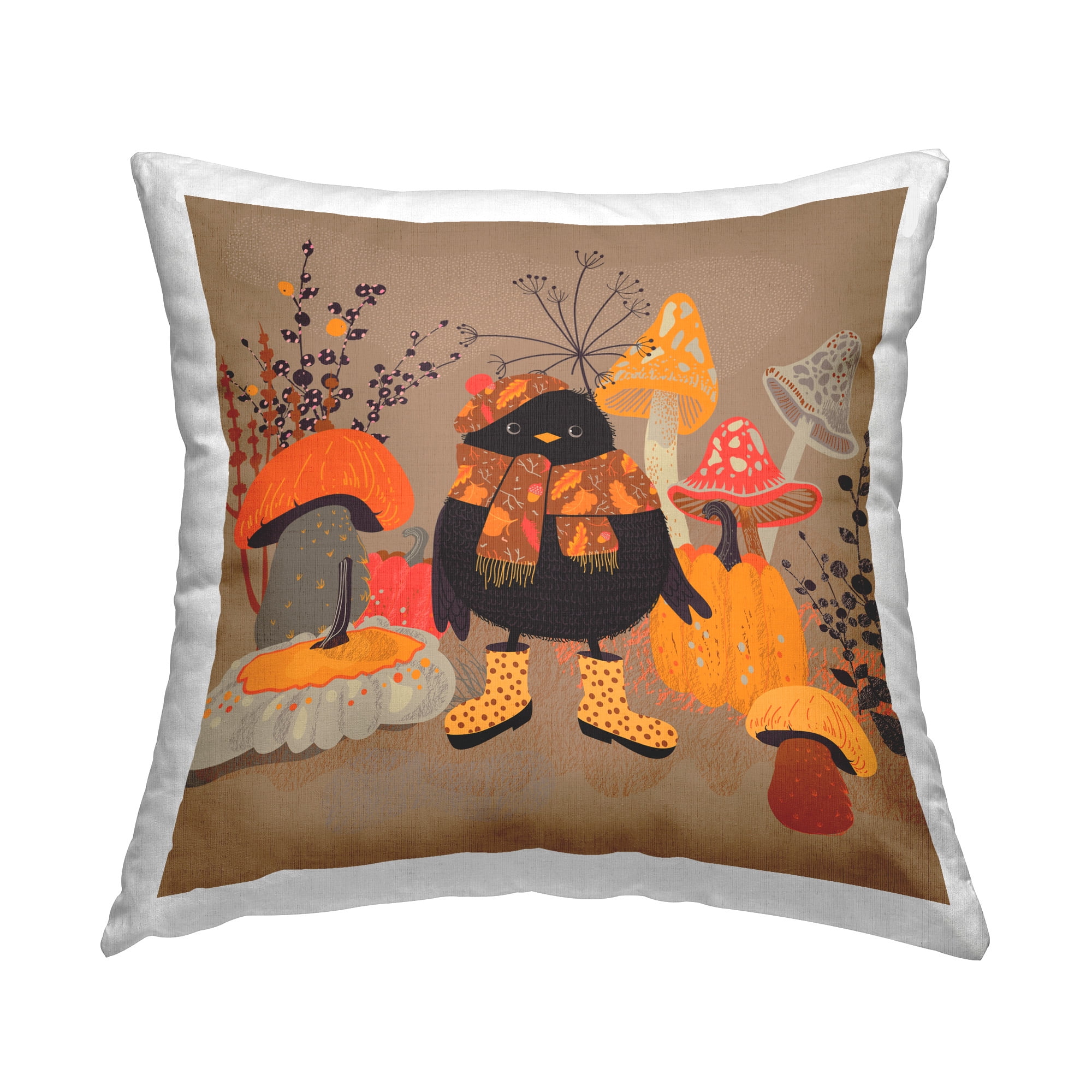 Stupell Industries Black Bird & Mushrooms Decorative Printed Throw Pillow Design by Antonia Verbrugge