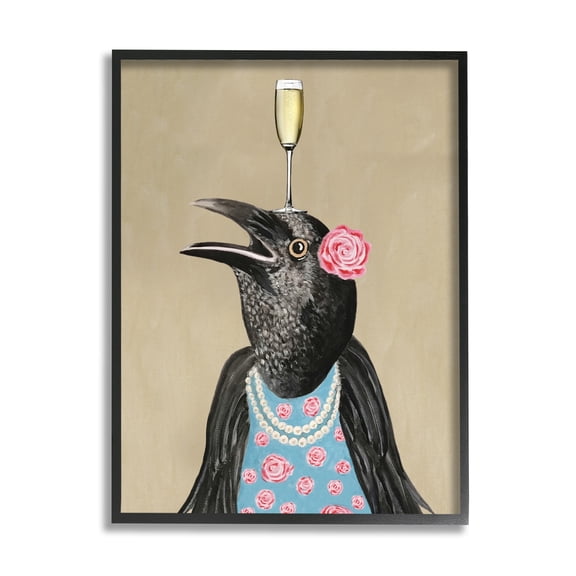 Stupell Industries Black Bird Patterned Rose Dress Champagne Glass Paintings Black Framed Art Print Wall Art, 11x14, by Coco de Paris