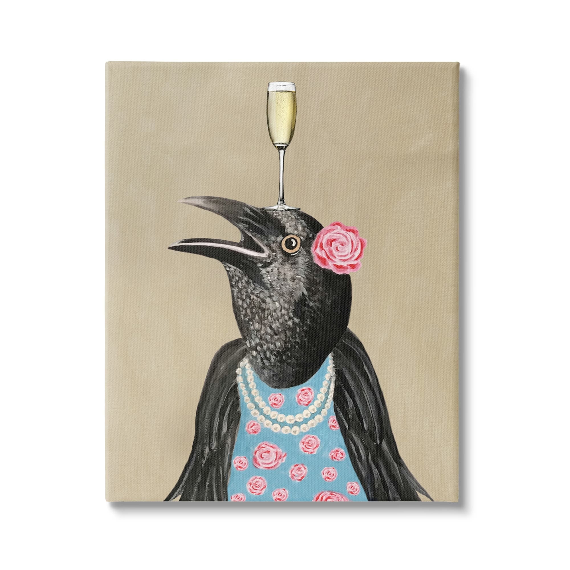 Stupell Industries Black Bird Patterned Rose Dress Champagne Glass Paintings Gallery-Wrapped Canvas Print Wall Art, 36x48, by Coco de Paris