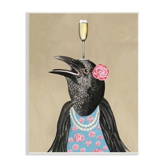 Stupell Industries Black Bird Patterned Rose Dress Champagne Glass Paintings Unframed Art Print Wall Art, 13x19, by Coco de Paris