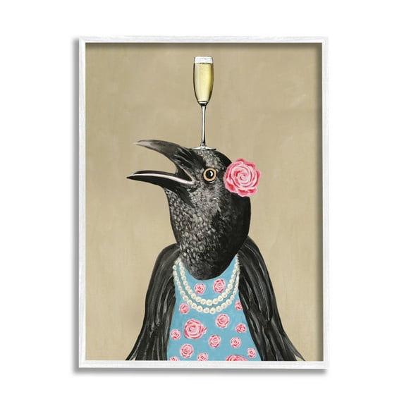 Stupell Industries Black Bird Patterned Rose Dress Champagne Glass Paintings White Framed Art Print Wall Art, 11x14, by Coco de Paris