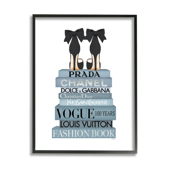 Stupell Industries Black Bow Shoes Tall Fashion Glam Bookstack Beauty & Fashion Painting Black Framed Art Print Wall Art, 16 x 20