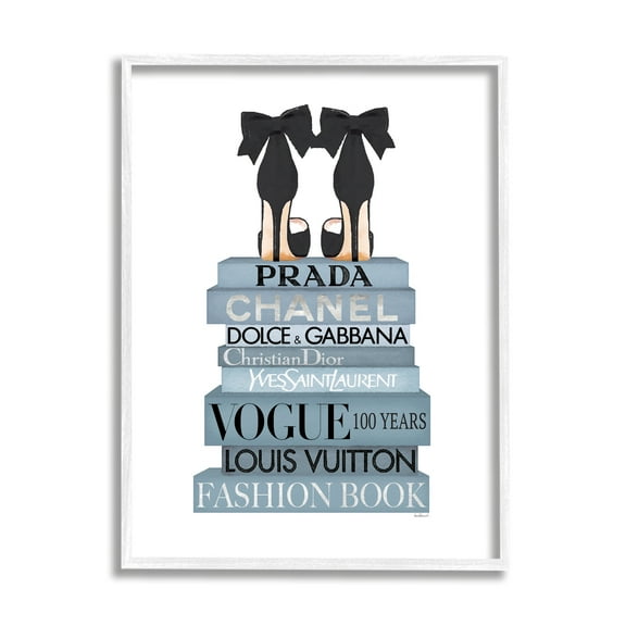 Stupell Industries Black Bow Shoes Tall Fashion Glam Bookstack Beauty & Fashion Painting White Framed Art Print Wall Art, 16 x 20