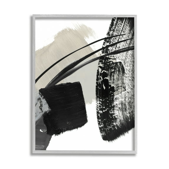 Stupell Industries Black Brush Strokes Abstract Painting Gray Framed Art Print Wall Art, 11 x 14