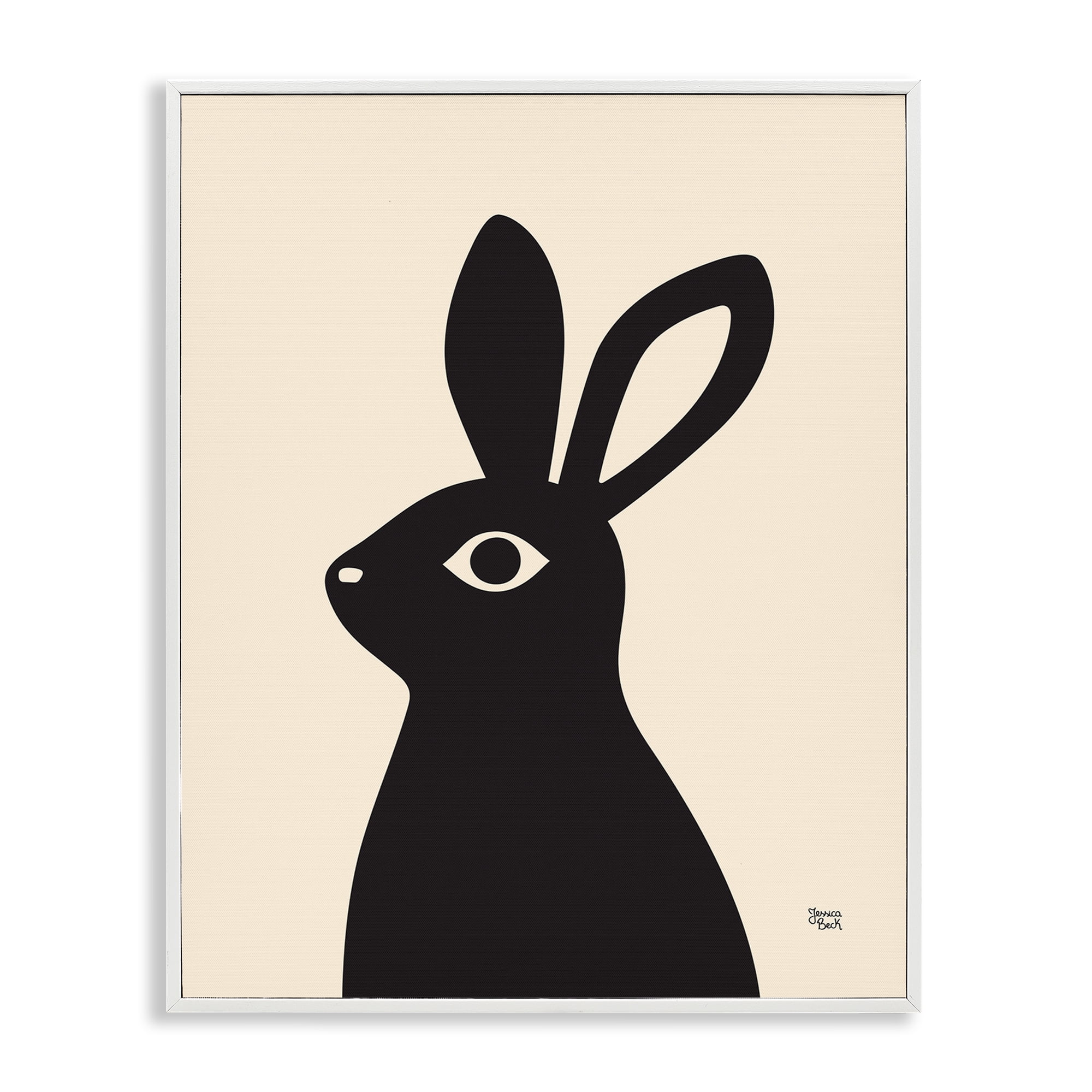 Stupell Industries Black Bunny on Cream Animals Painting White Framed Art Print Wall Art, 16 x 20