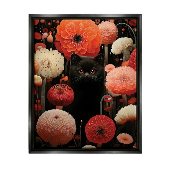 Stupell Industries Black Cat Among Dahlias Animals & Insects Painting Black Floater Framed Canvas Art Print Wall Art, 25 x 31