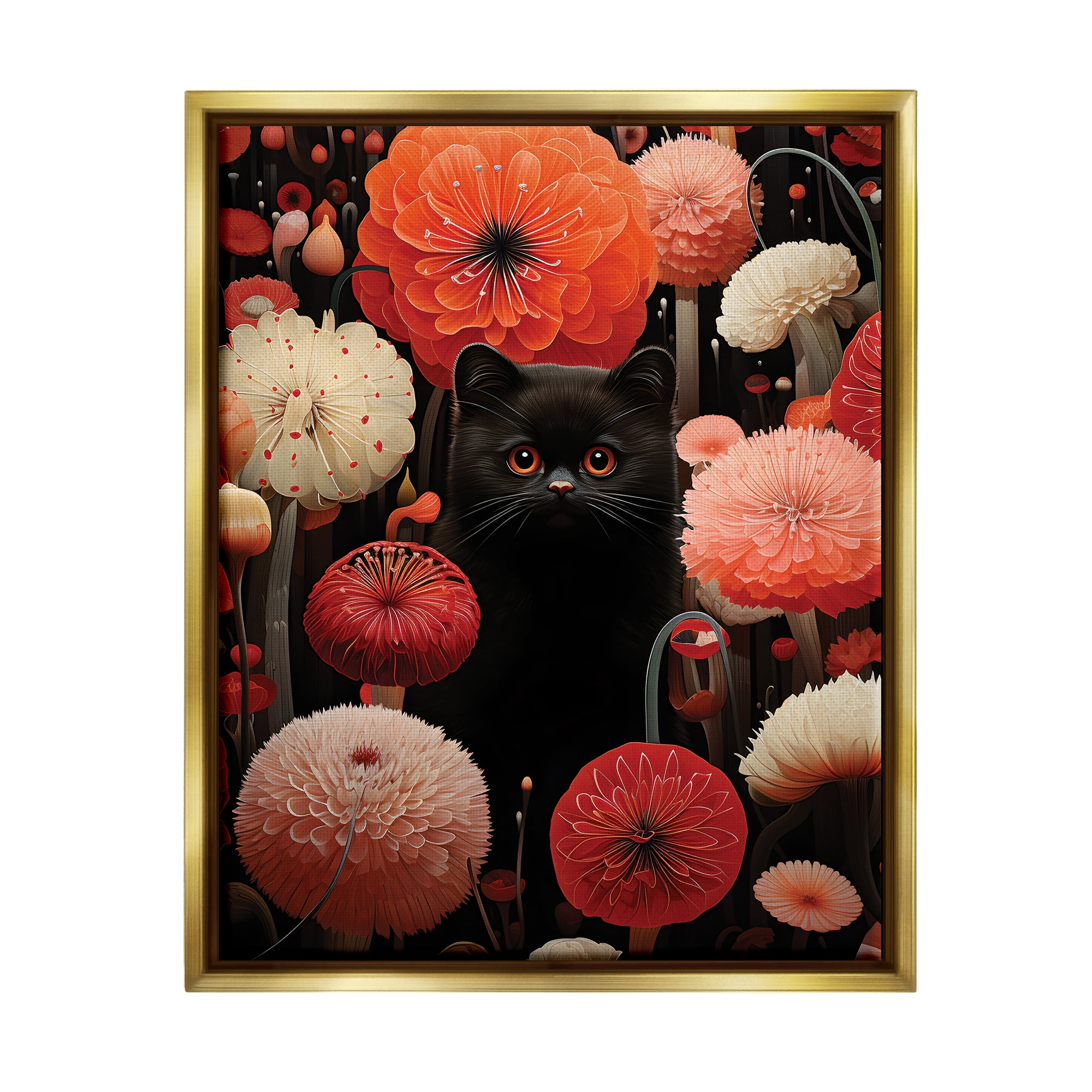 Stupell Industries Black Cat Among Dahlias Animals & Insects Painting Gold Floater Framed Canvas Art Print Wall Art, 17 x 21