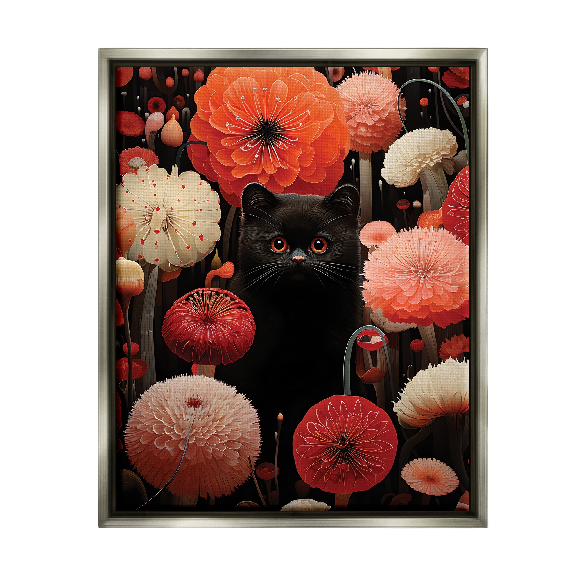Stupell Industries Black Cat Among Dahlias Animals & Insects Painting Gray Floater Framed Canvas Art Print Wall Art, 25 x 31
