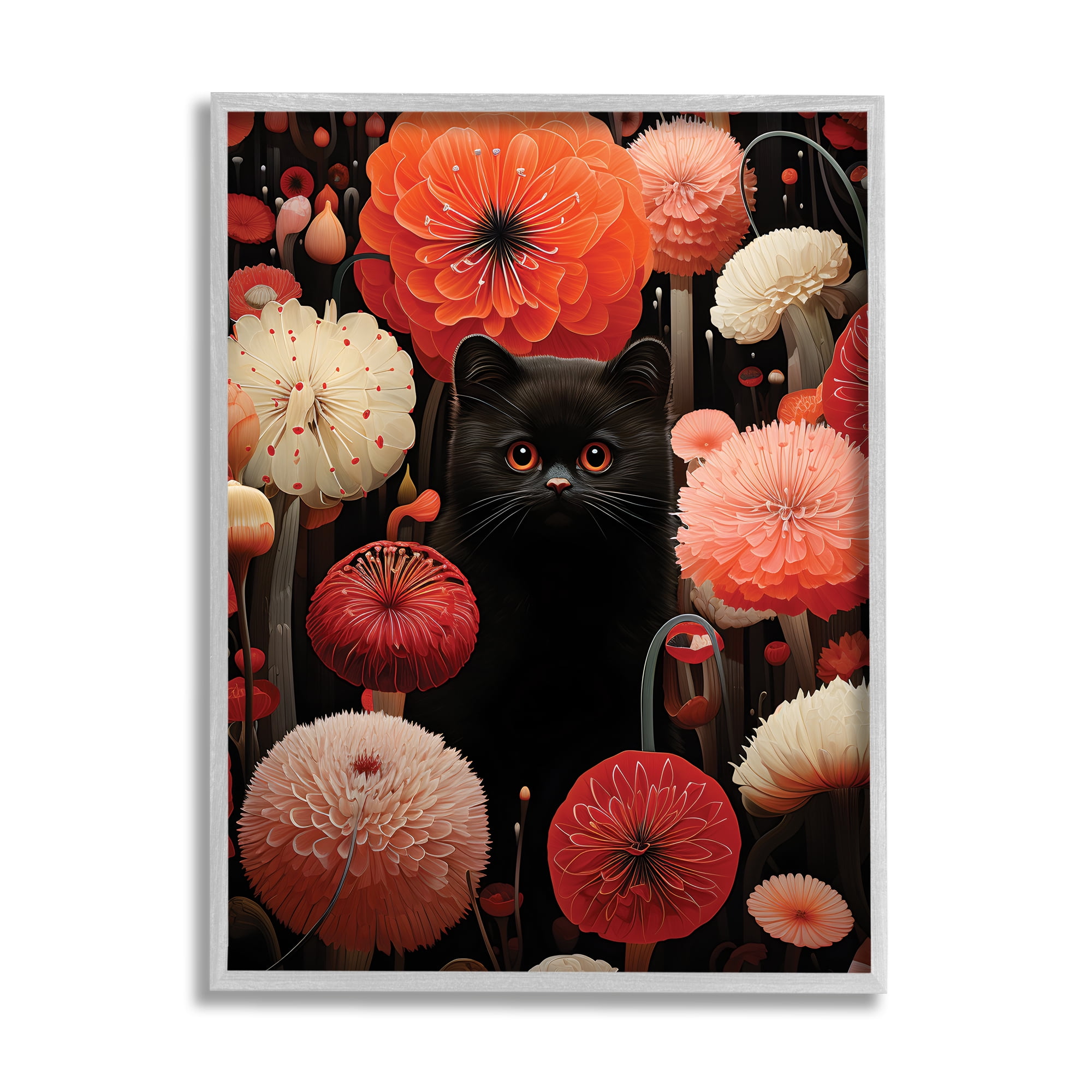Stupell Industries Black Cat Among Dahlias Animals & Insects Painting Gray Framed Art Print Wall Art, 24 x 30