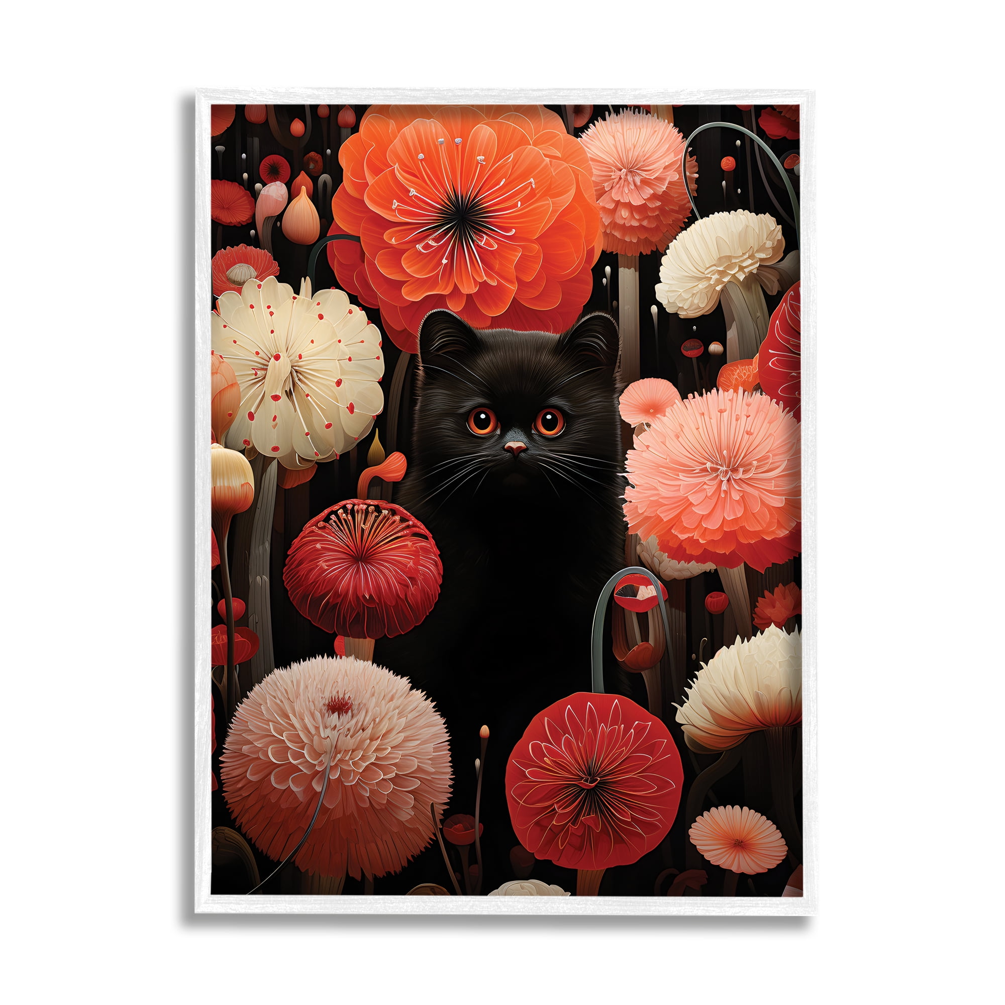 Stupell Industries Black Cat Among Dahlias Animals & Insects Painting White Framed Art Print Wall Art, 11 x 14