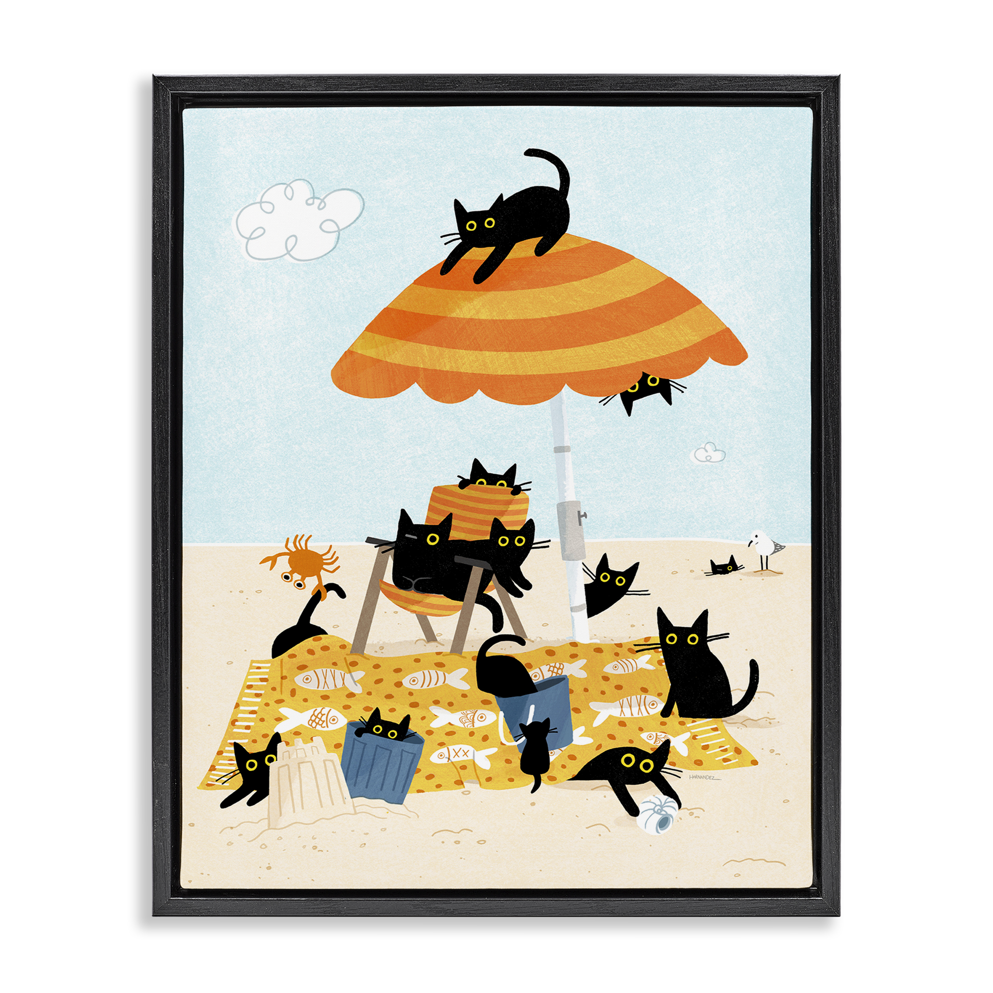 Stupell Industries Black Cat Beach Day Animals Painting Black Floater Framed Canvas Art Print Wall Art, 25 x 31