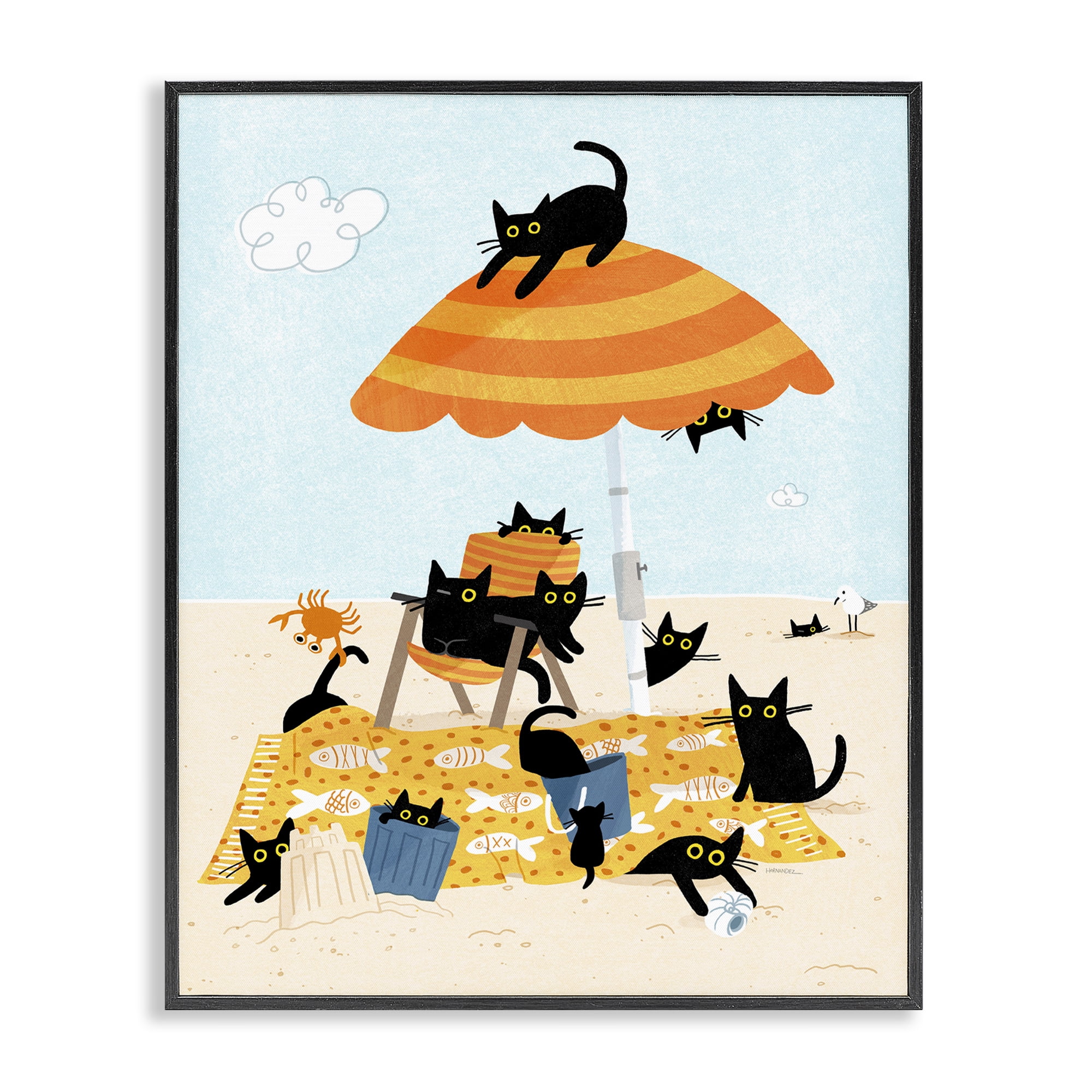 Stupell Industries Black Cat Beach Day Animals Painting Black Framed Art Print Wall Art, 16 x 20
