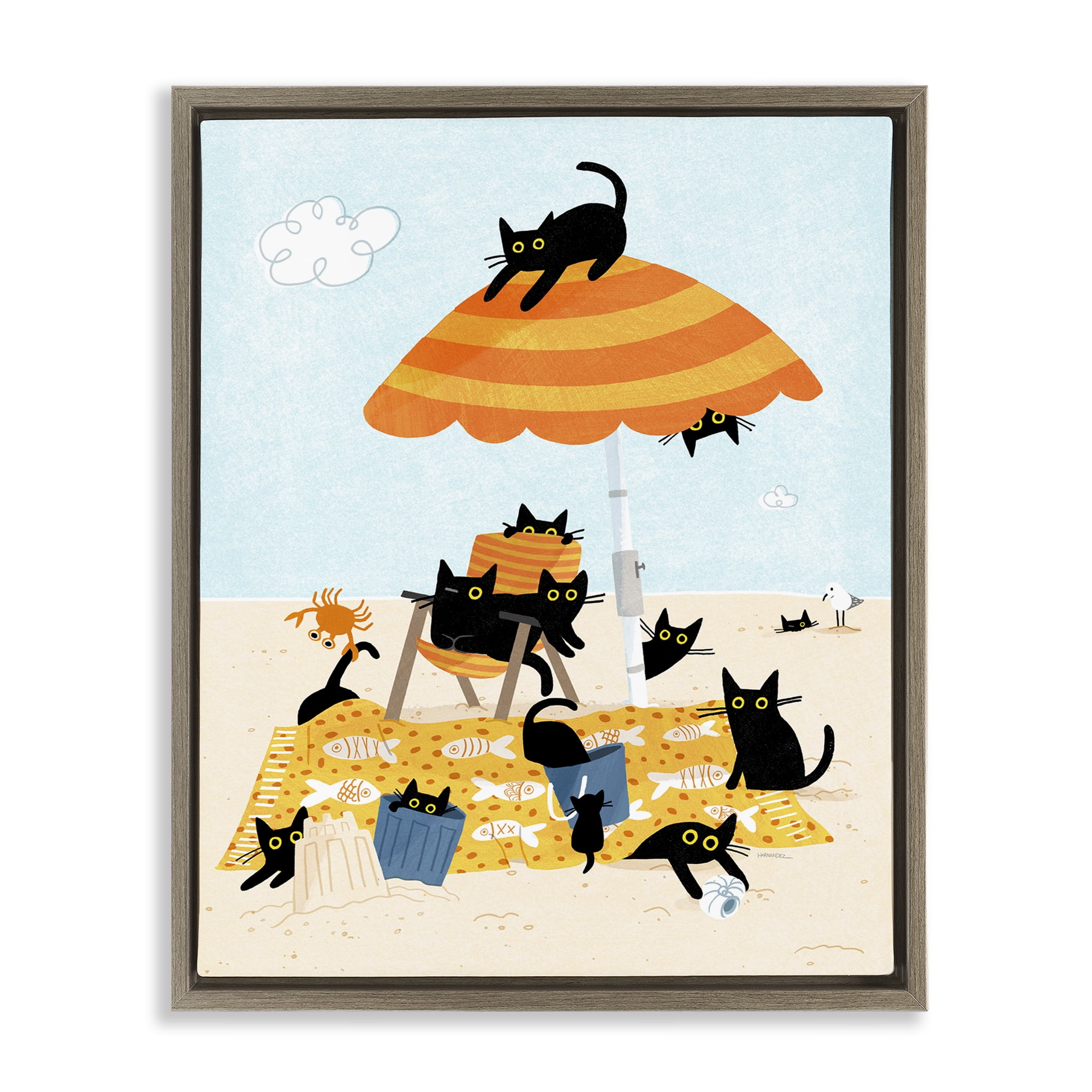 Stupell Industries Black Cat Beach Day Animals Painting Brown Floater Framed Canvas Art Print Wall Art, 17 x 21
