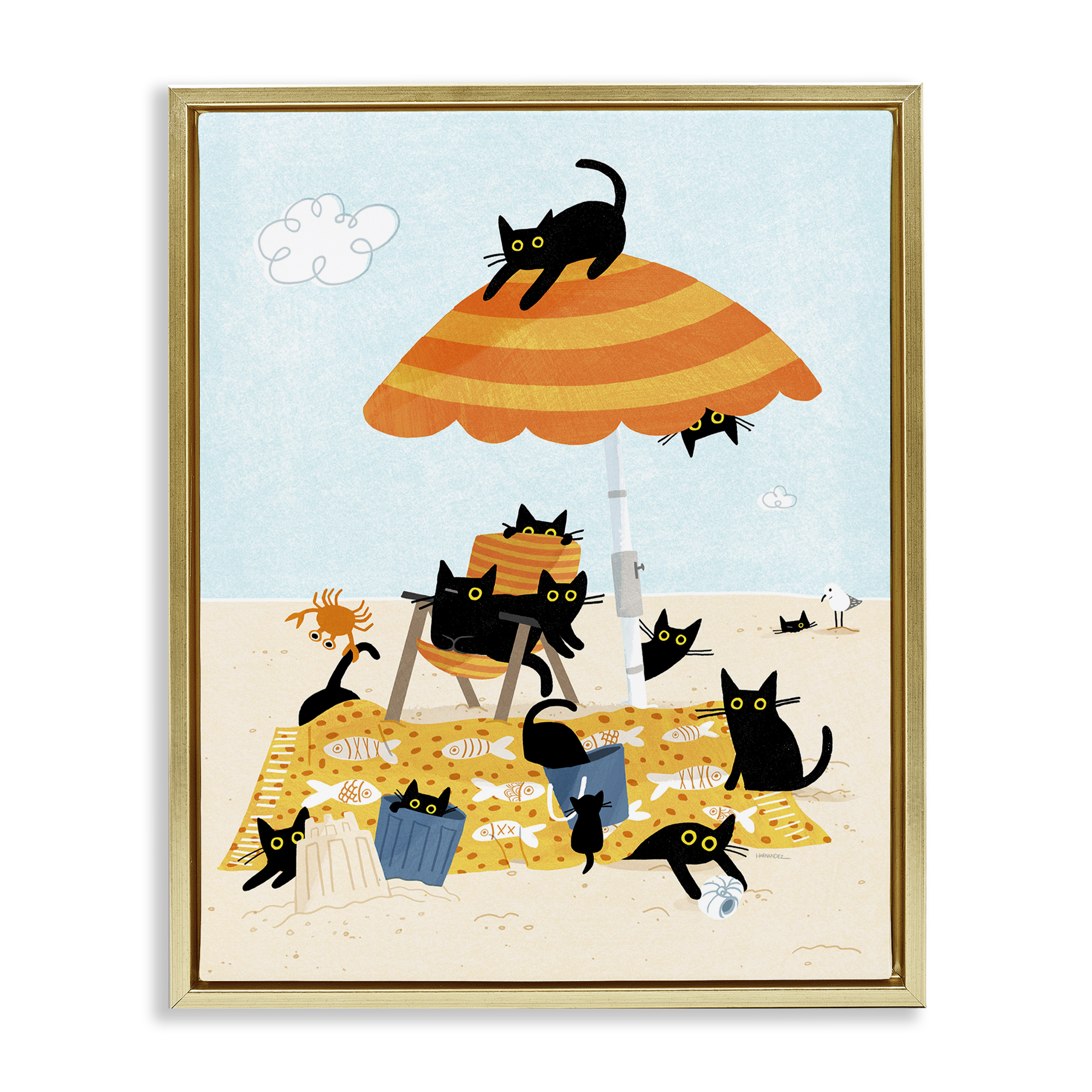 Stupell Industries Black Cat Beach Day Animals Painting Gold Floater Framed Canvas Art Print Wall Art, 17 x 21