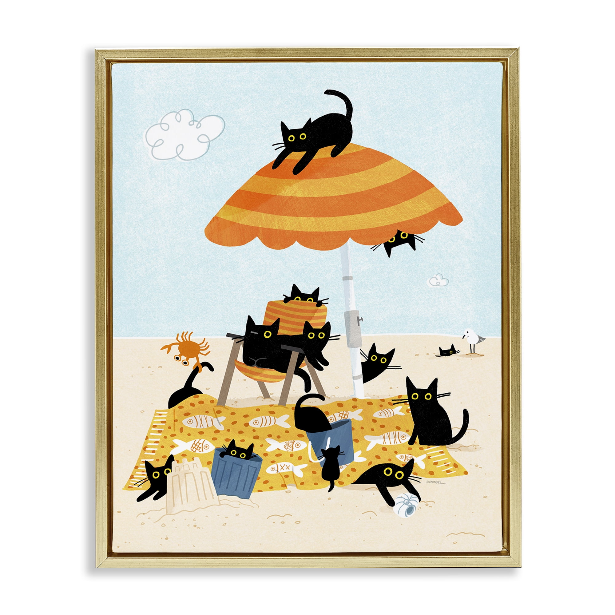 Stupell Industries Black Cat Beach Day Animals Painting Gold Floater Framed Canvas Art Print Wall Art, 25 x 31