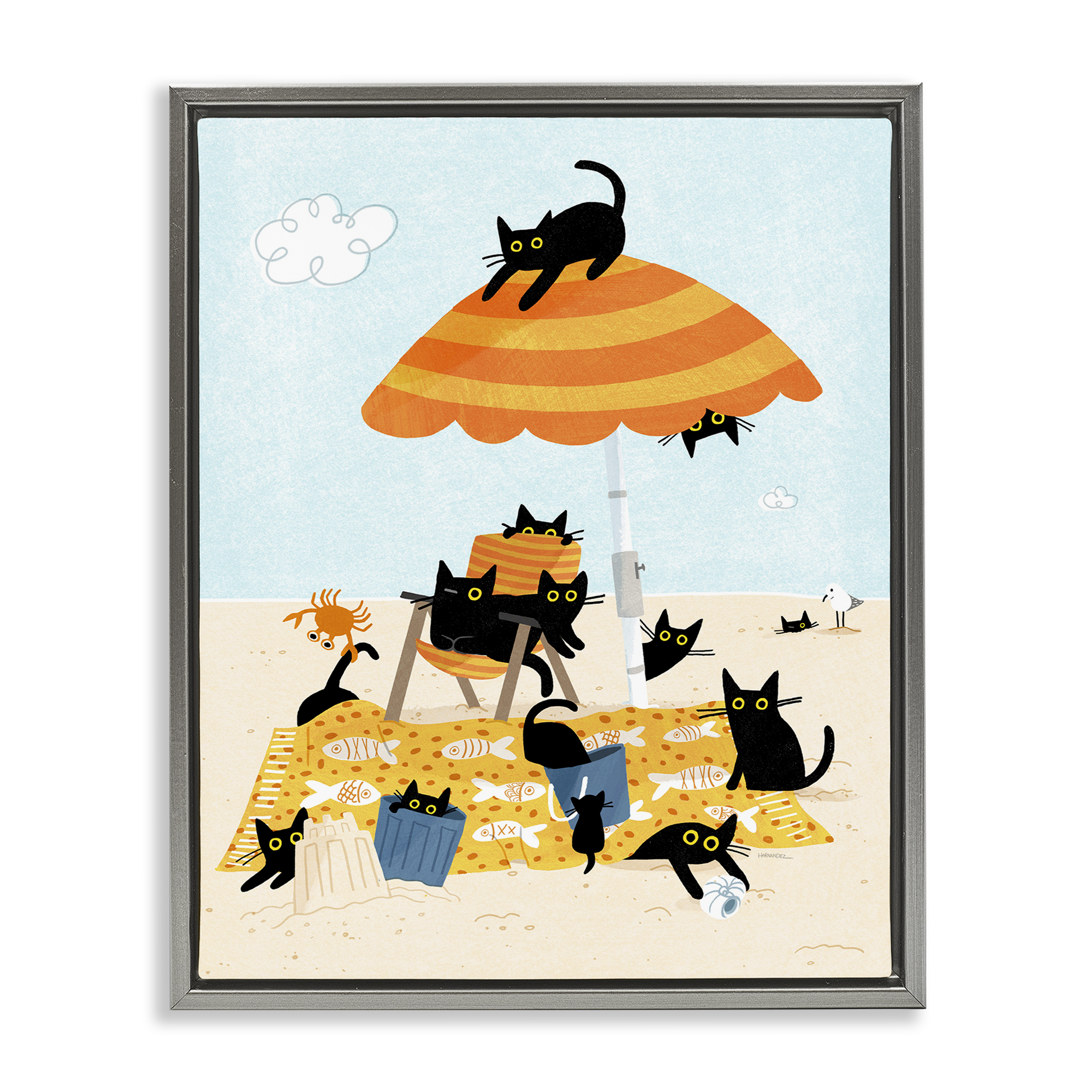 Stupell Industries Black Cat Beach Day Animals Painting Gray Floater Framed Canvas Art Print Wall Art, 25 x 31