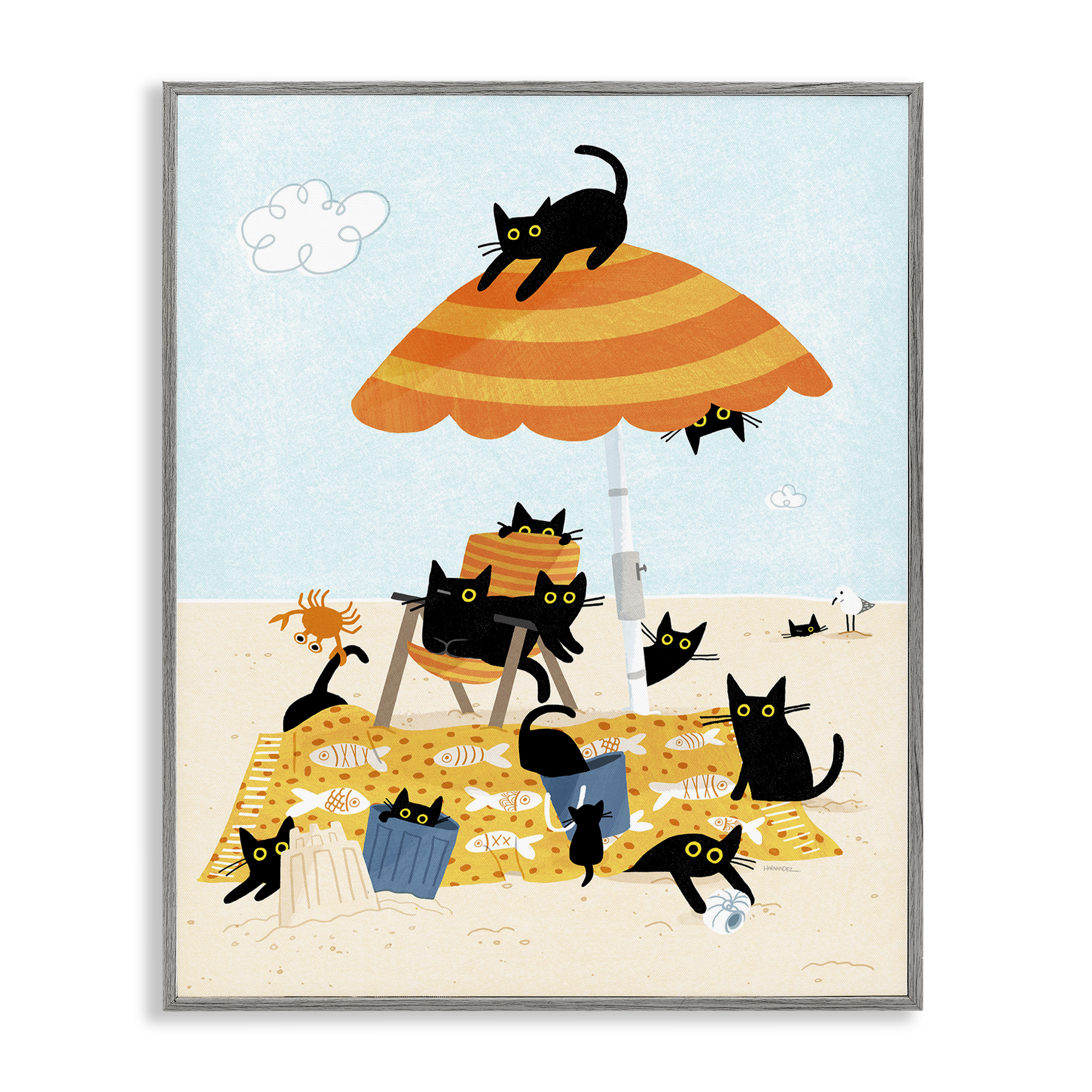 Stupell Industries Black Cat Beach Day Animals Painting Gray Framed Art Print Wall Art, 11 x 14