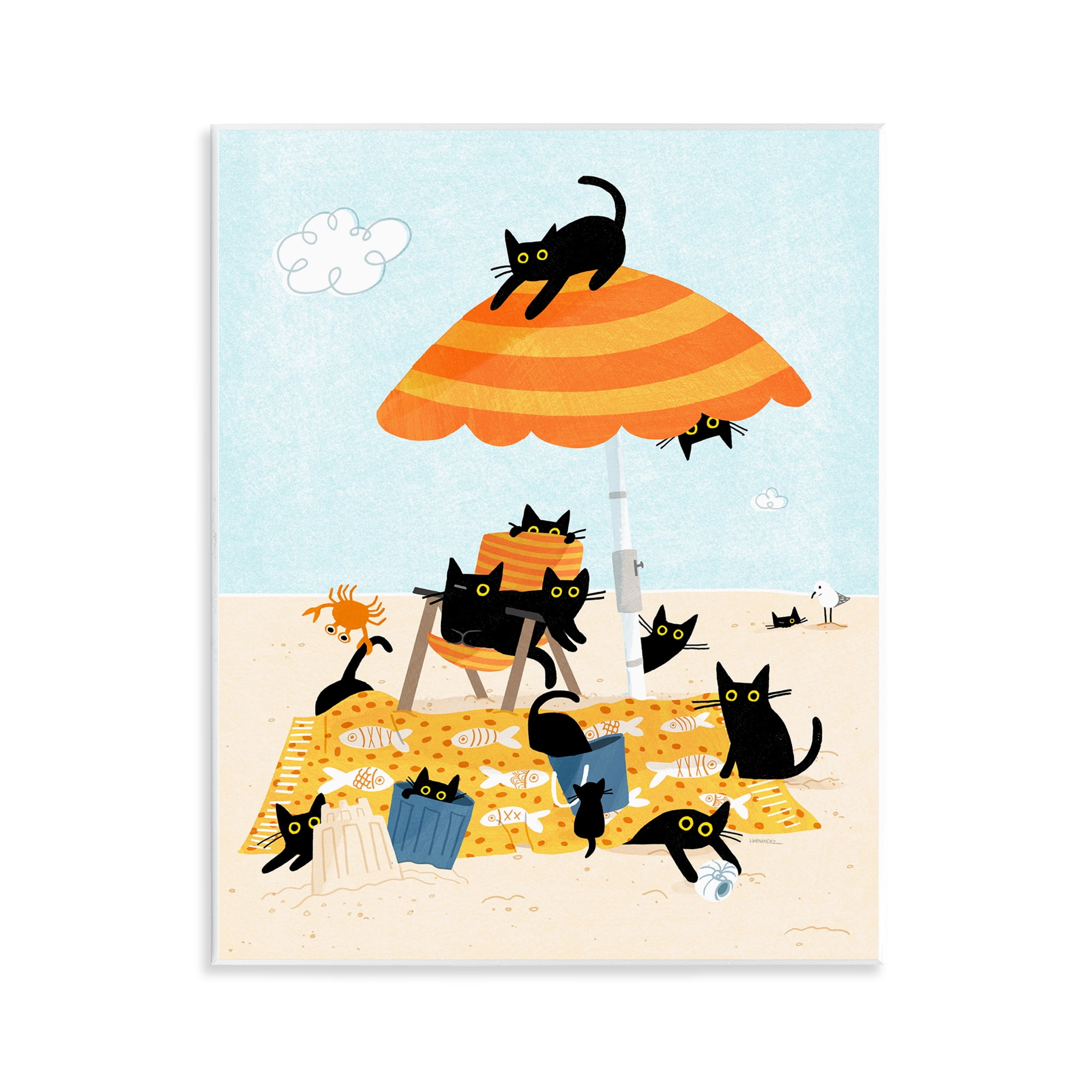Stupell Industries Black Cat Beach Day Animals Painting Unframed Art Print Wall Art, 11 x 14