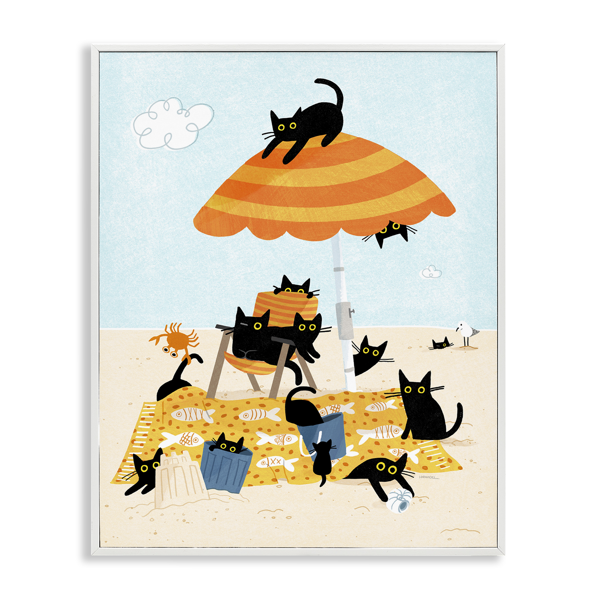Stupell Industries Black Cat Beach Day Animals Painting White Framed Art Print Wall Art, 24 x 30