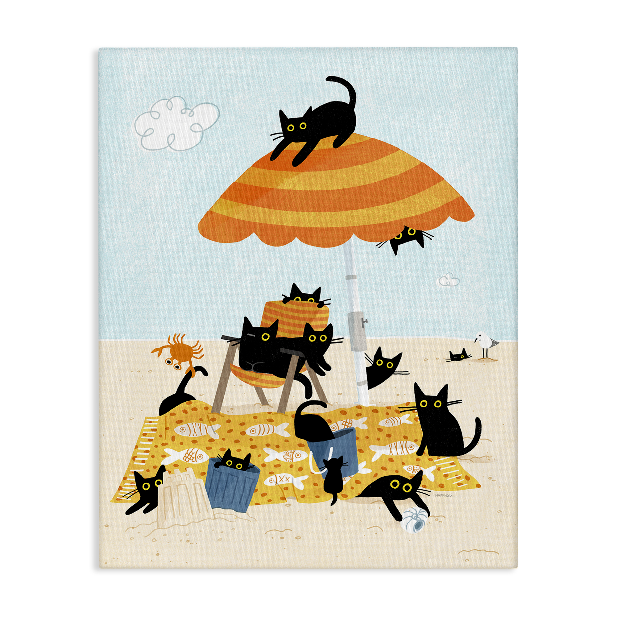 Stupell Industries Black Cat Beach Day Animals Painting Wrapped Canvas Art Print Wall Art, 16 x 20