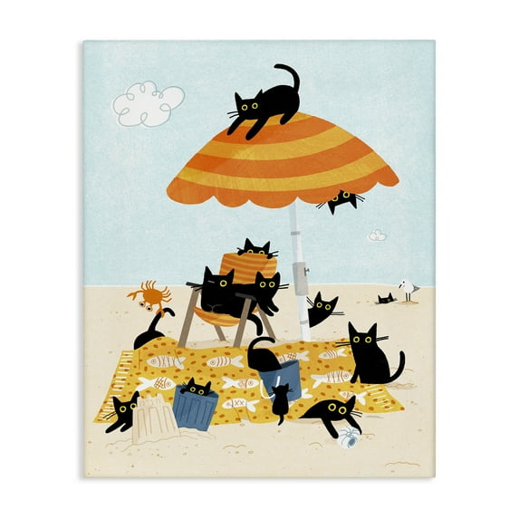 Stupell Industries Black Cat Beach Day Animals Painting Wrapped Canvas Art Print Wall Art, 24 x 30