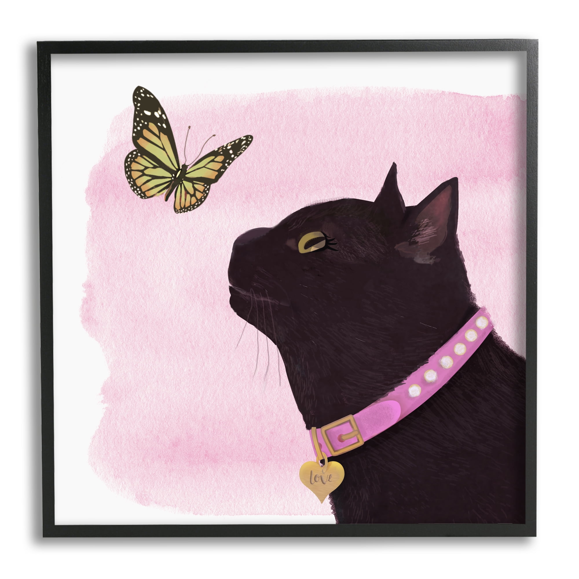 Stupell Industries Black Cat & Butterfly Animals & Insects Painting Black Framed Art Print Wall Art, 17 x 17