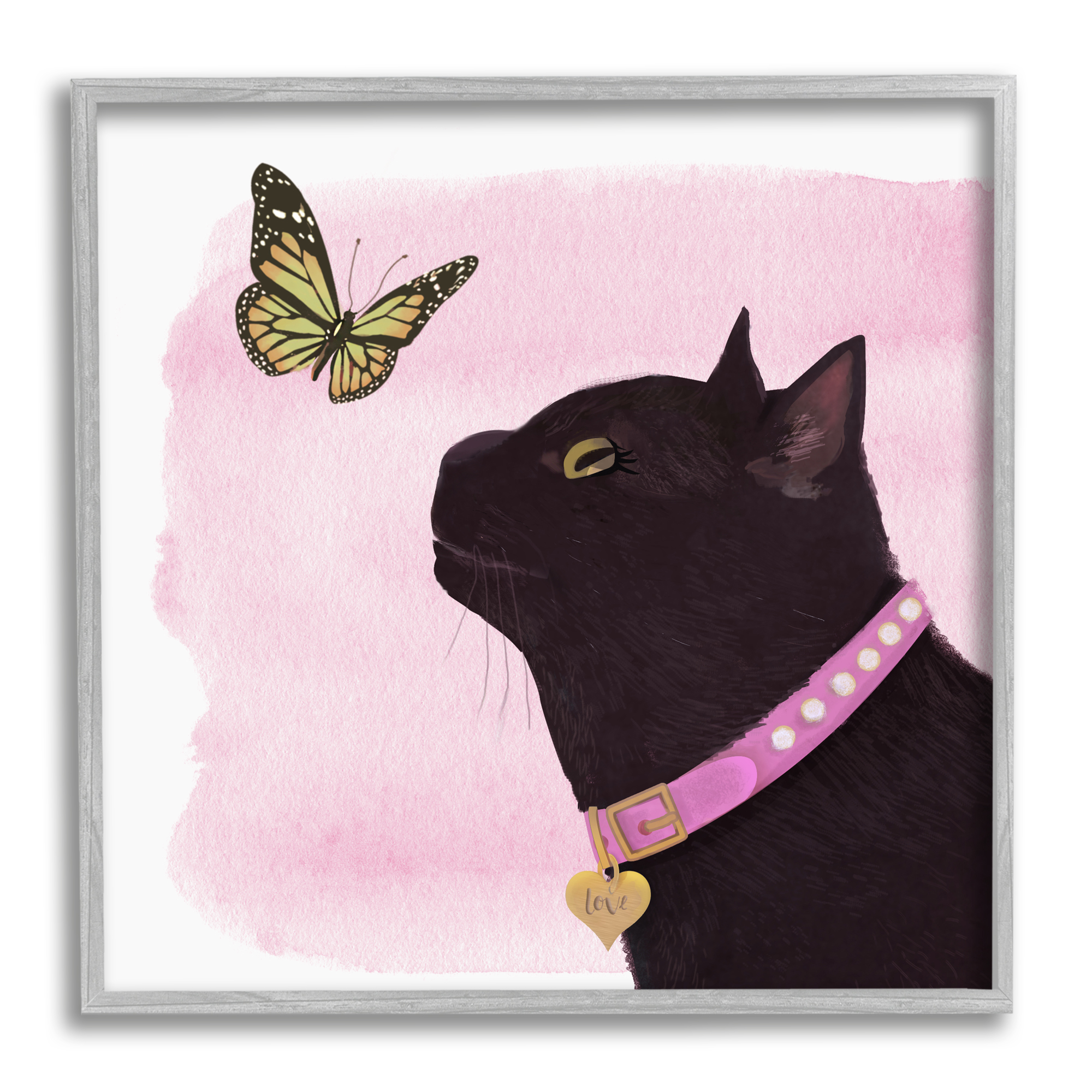 Stupell Industries Black Cat & Butterfly Animals & Insects Painting Gray Framed Art Print Wall Art, 12 x 12