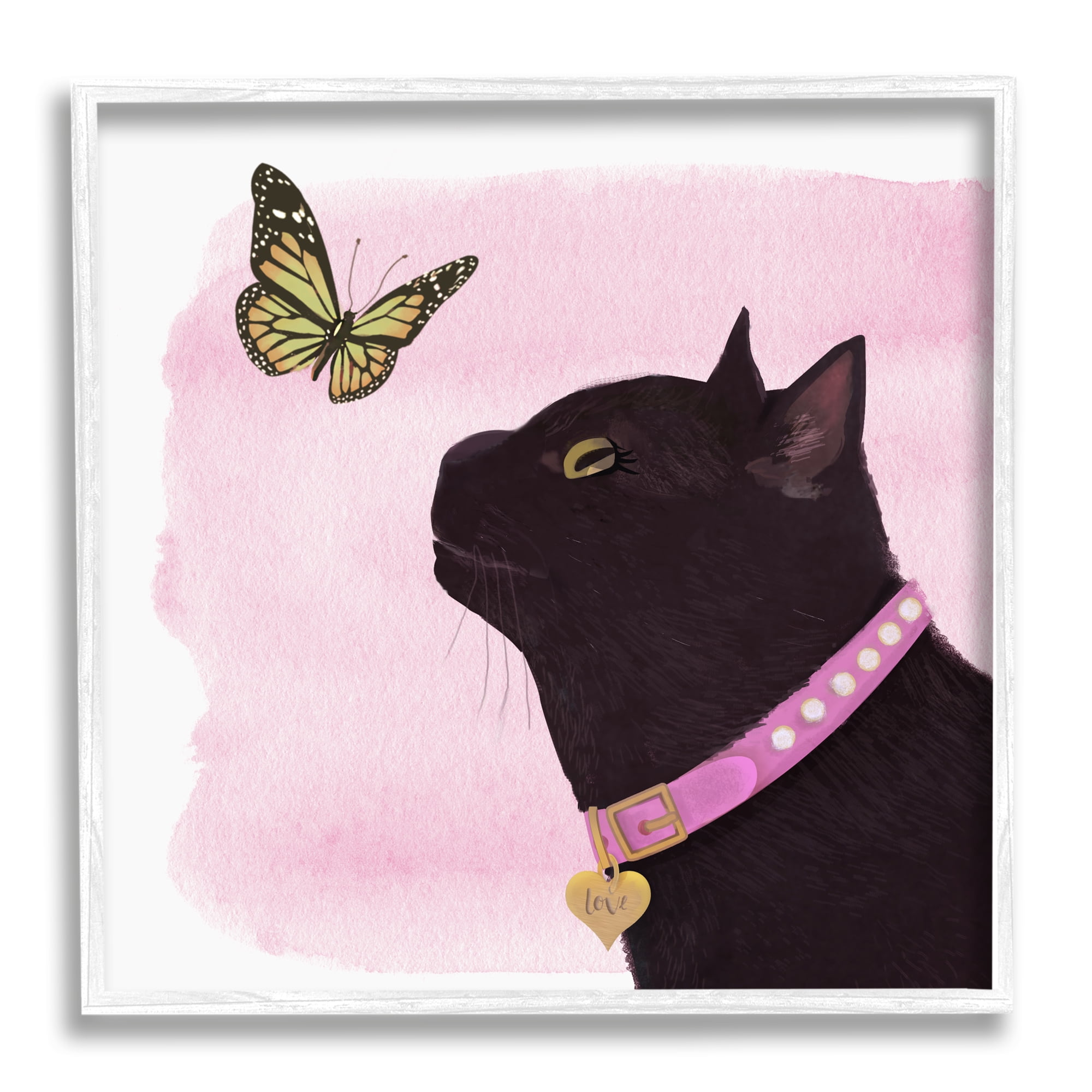 12" x 12" Black Cat and Butterfly Canvas Print in White Frame